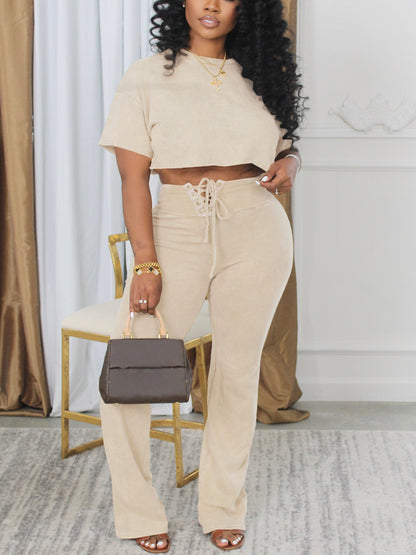 Tie-Dye Short Sleeve Crop Top Tie-Waist Pants Set