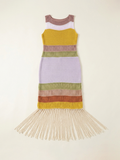 Colorblock Knit Fringe Beach Dress