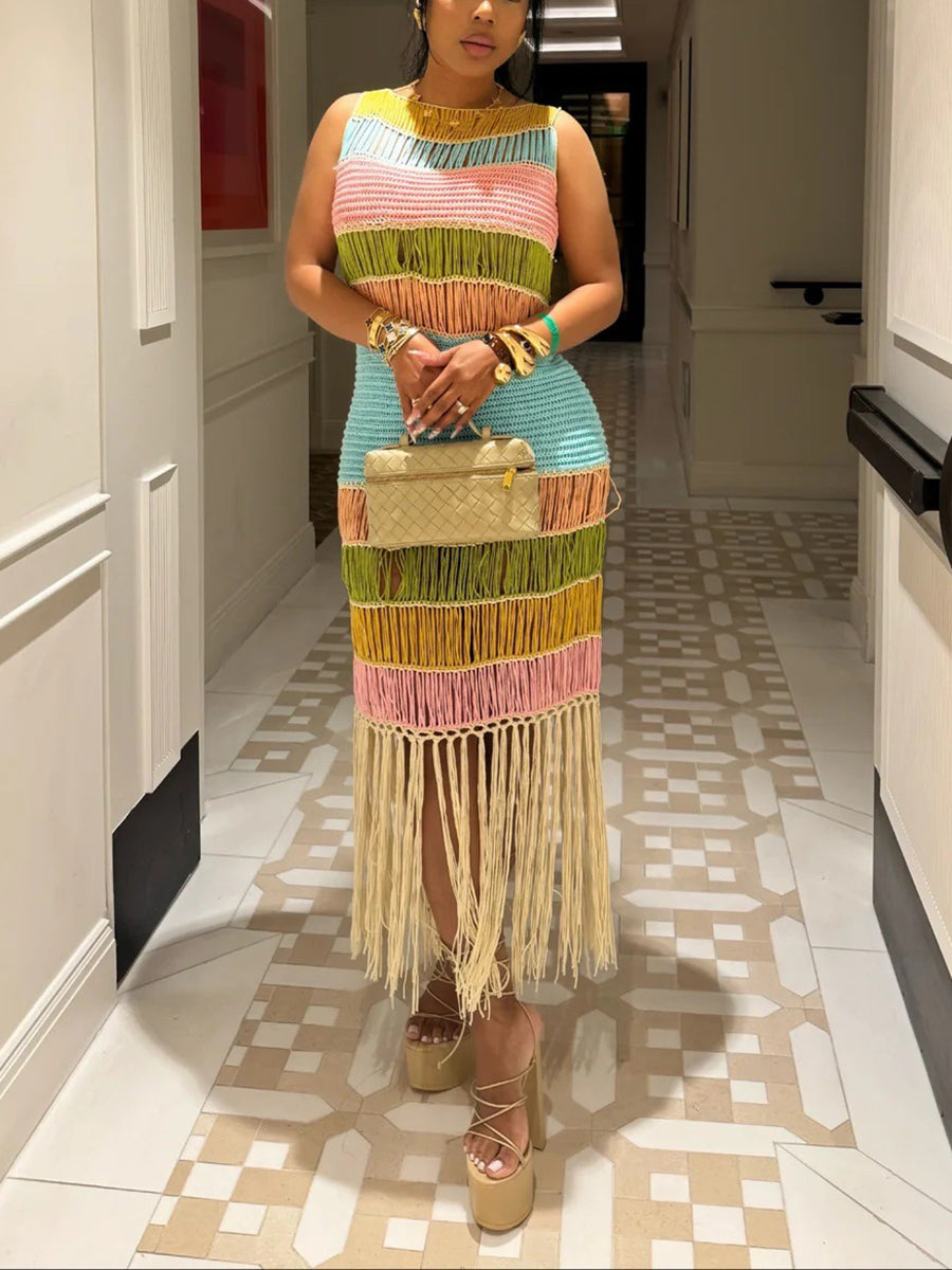 Colorblock Knit Fringe Beach Dress