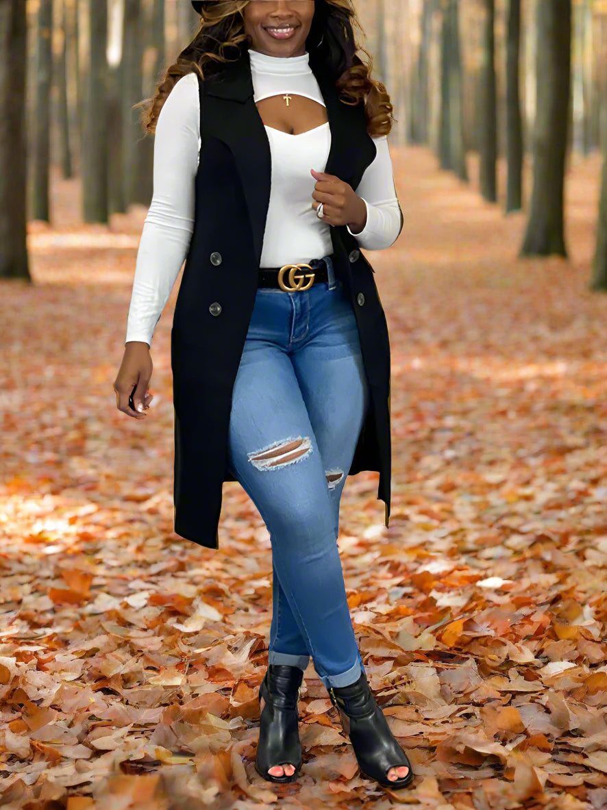 Chaquetas tipo chaleco con botones sin mangas y solapa de color liso