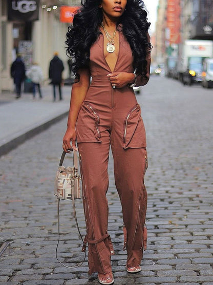 Monos de pierna ancha con bolsillo con cremallera y manga corta 