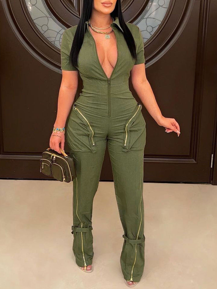 Monos de pierna ancha con bolsillo con cremallera y manga corta 