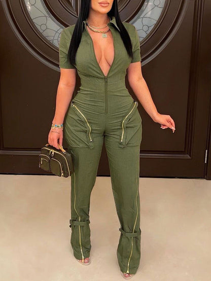 Monos de pierna ancha con bolsillo con cremallera y manga corta 