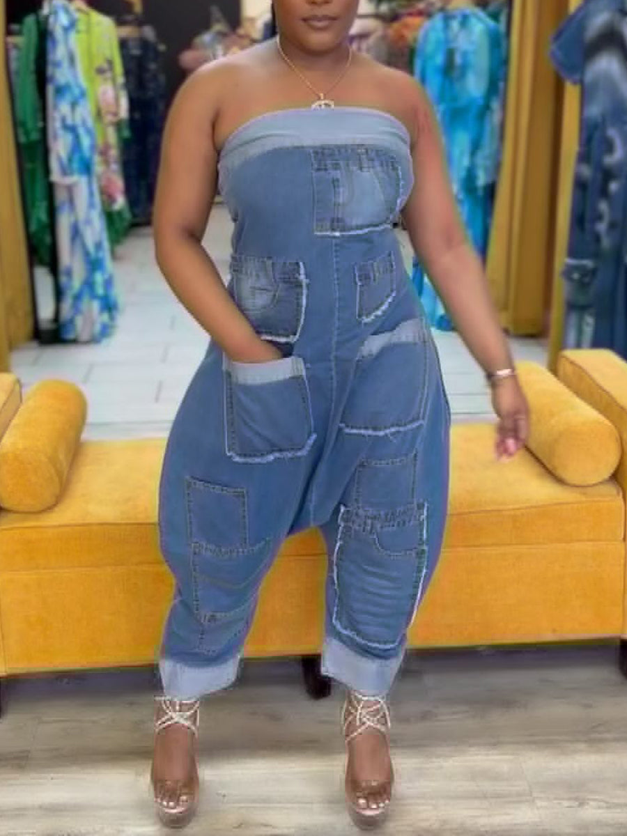 Multiple Pockets Denim Utility Jumpsuit