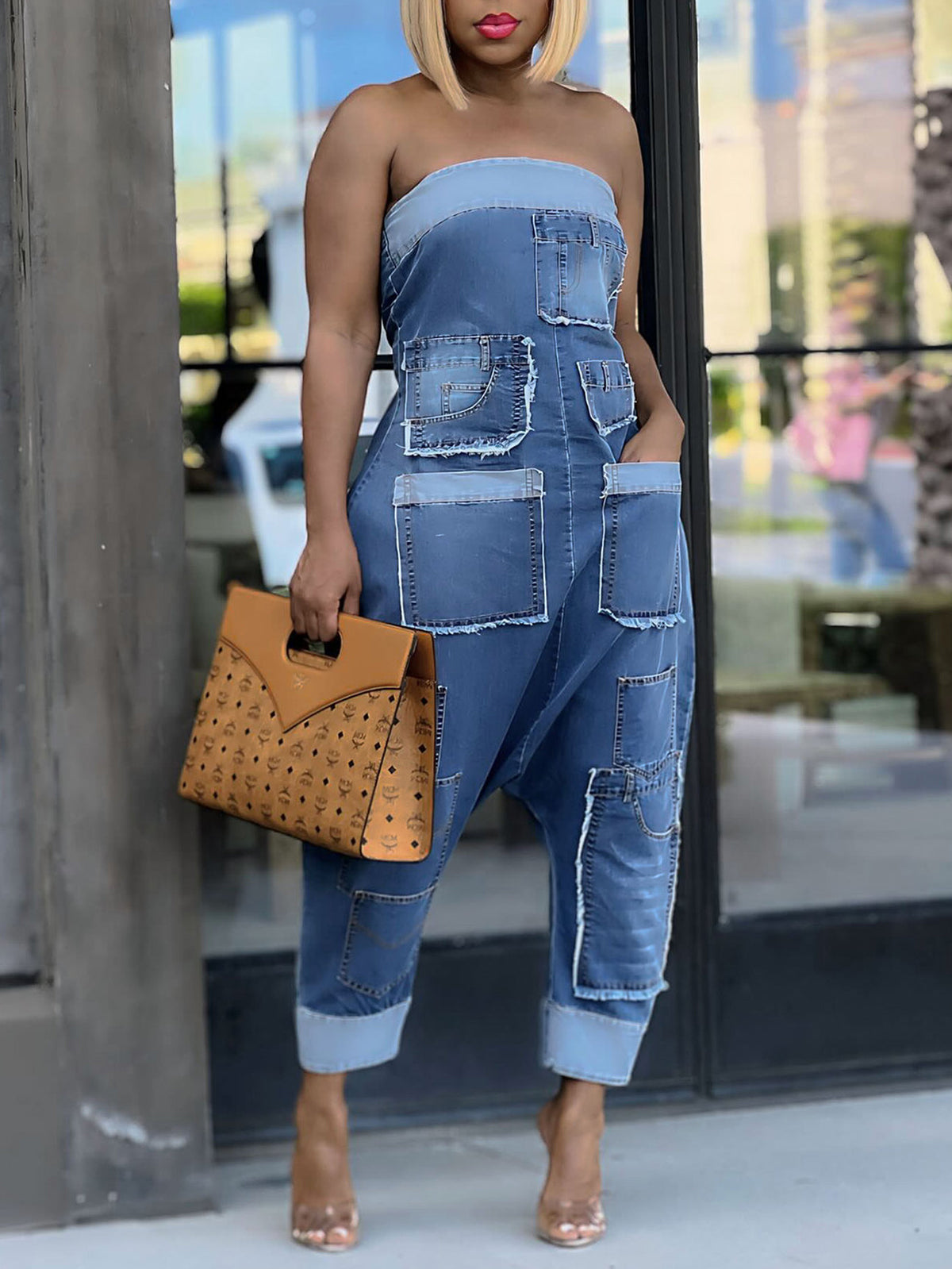 Multiple Pockets Denim Utility Jumpsuit
