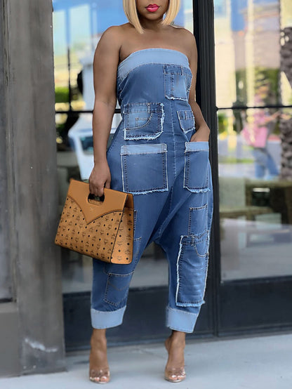 Multiple Pockets Denim Utility Jumpsuit