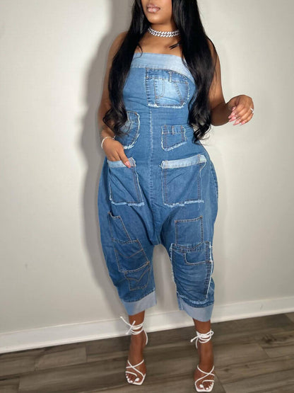 Multiple Pockets Denim Utility Jumpsuit