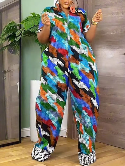 Print Zipper Wide Leg Jumpsuit