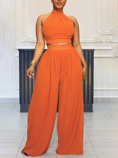 Two-Piece Halter Neck Top Wide Leg Pants Set