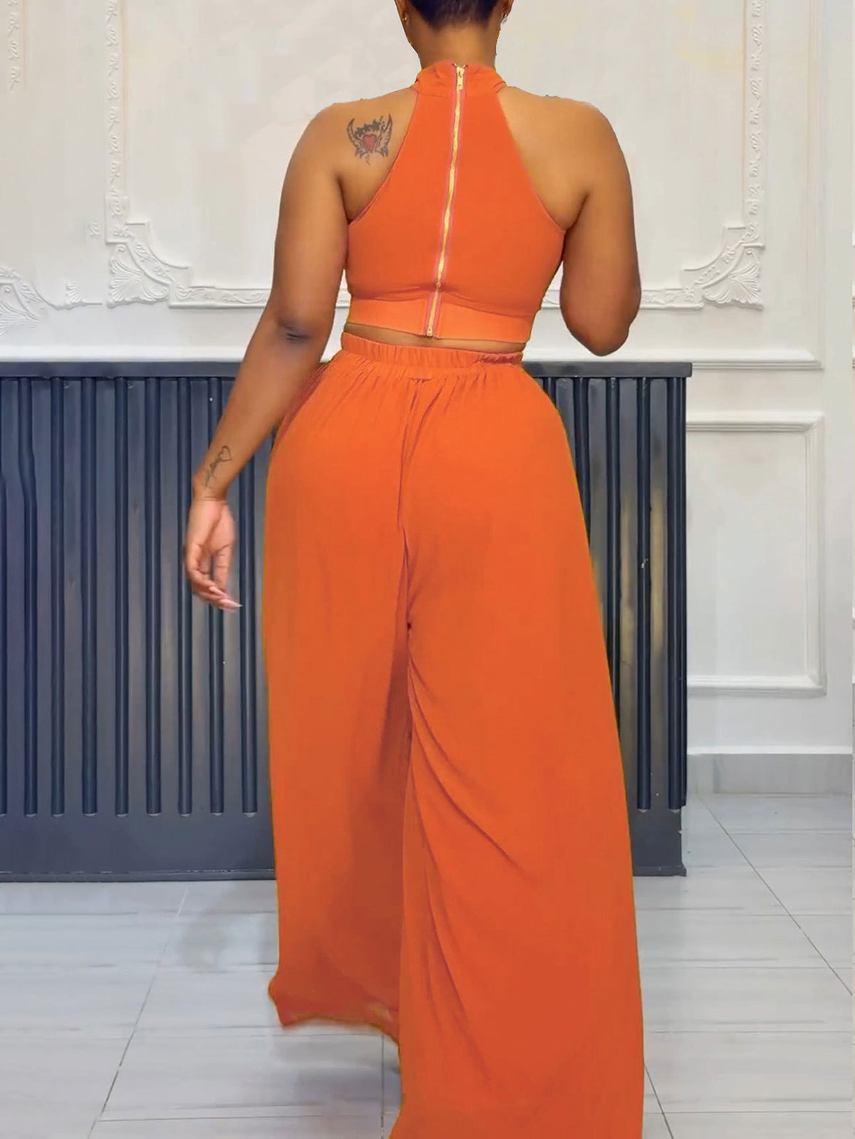 Two-Piece Halter Neck Top Wide Leg Pants Set