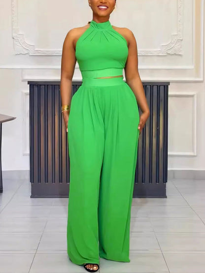 Two-Piece Halter Neck Top Wide Leg Pants Set