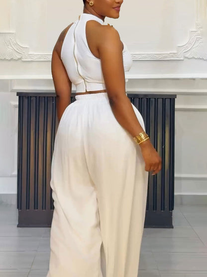 Two-Piece Halter Neck Top Wide Leg Pants Set