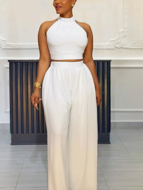 Conjuntos de pantalones de pierna ancha y top con cuello halter sin mangas de dos piezas 