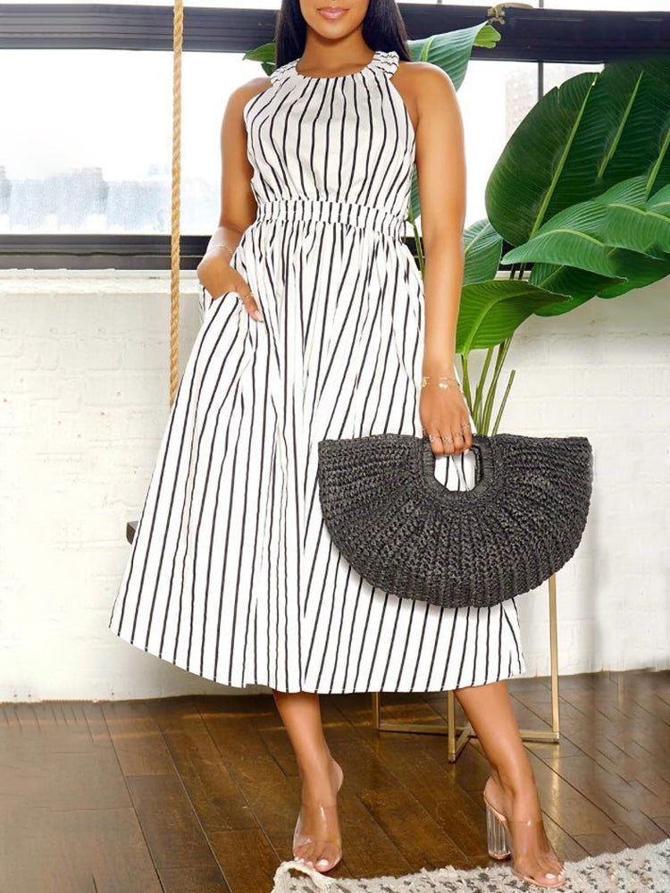 Striped Cross Strap Backless Flare Dress