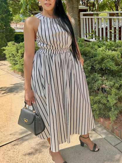 Striped Cross Strap Backless Flare Dress