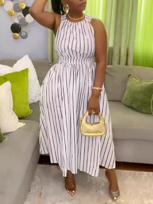 Striped Cross Strap Backless Flare Dress