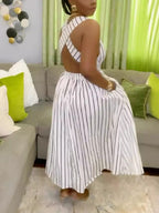 Vestido acampanado sin espalda con tiras cruzadas a rayas 