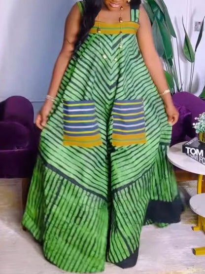 Mono de pierna ancha con bolsillos y estampado de tirantes 