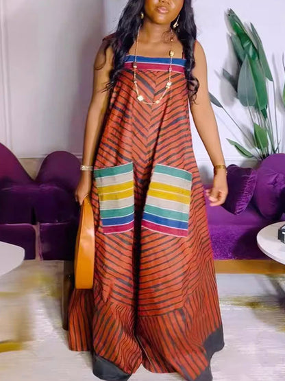 Mono de pierna ancha con bolsillos y estampado de tirantes 