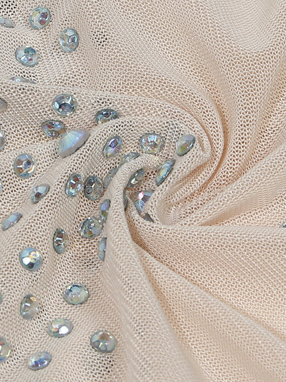 Rhinestone Mesh Patchwork Zip Up Short Jumpsuit