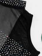 Monos cortos con cremallera y patchwork de malla de diamantes de imitación暂时缺货