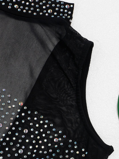 Rhinestone Mesh Patchwork Zip Up Short Jumpsuit