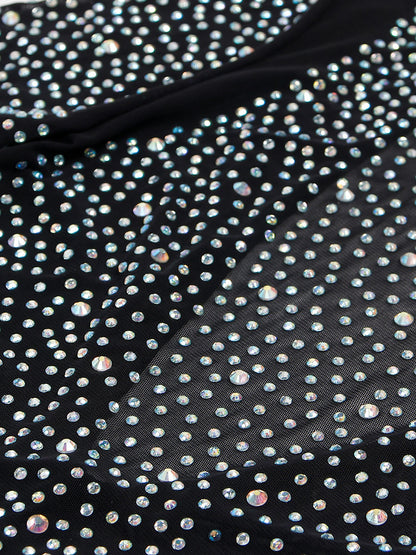 Rhinestone Mesh Patchwork Zip Up Short Jumpsuit