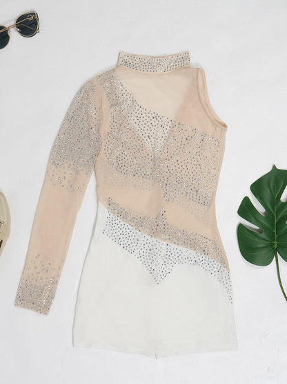 Rhinestone Mesh Patchwork Zip Up Short Jumpsuit