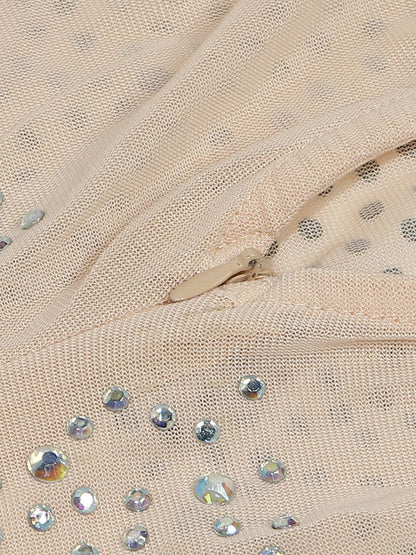 Rhinestone Mesh Patchwork Zip Up Short Jumpsuit