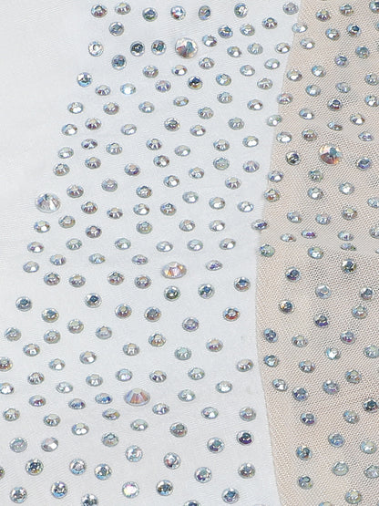 Rhinestone Mesh Patchwork Zip Up Short Jumpsuit