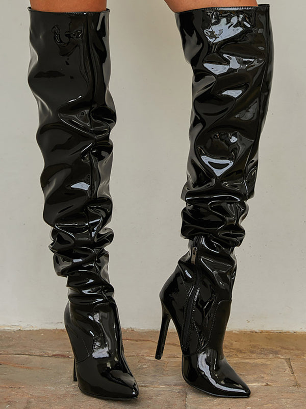 Glossy Leather Pointed Toe Stiletto Boots