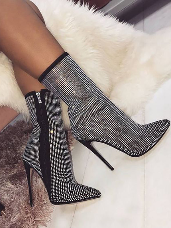 Rhinestone Zipper Heel Ankle Boots