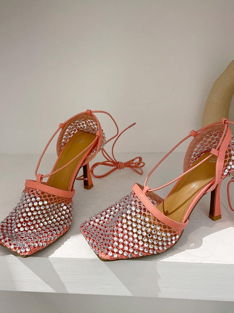 Sandalias de tacón caladas con tiras cruzadas y diamantes de imitación brillantes 