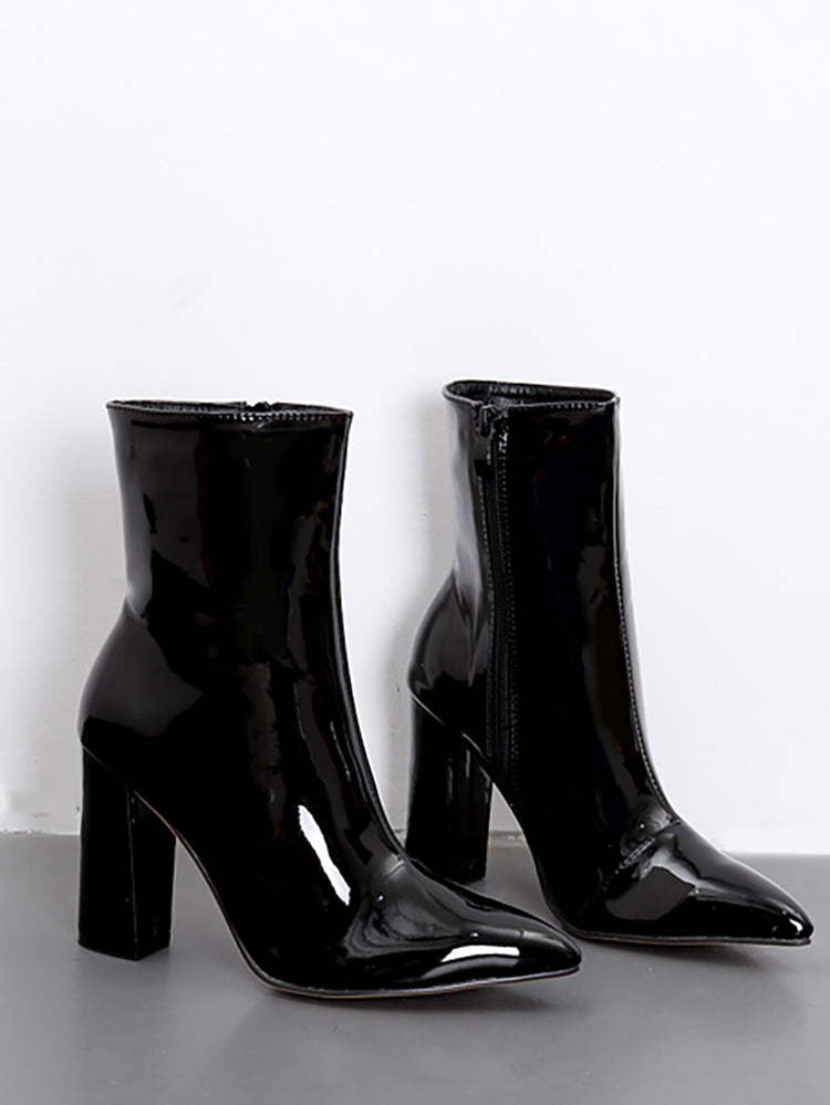 Patent Leather Pointed Toe Zipper Boots