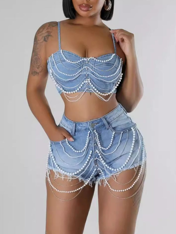 Pearl Chain Denim Crop Top & Shorts Sets