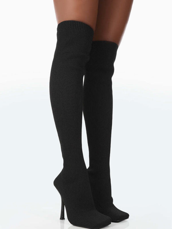 Ribbed Knit Solid Color Thigh High Boots