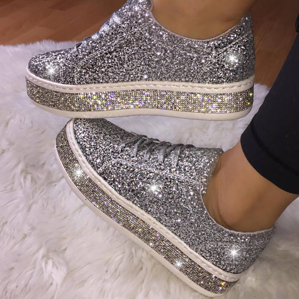 Glitter Sparkly Lace Up Flat Sneaker