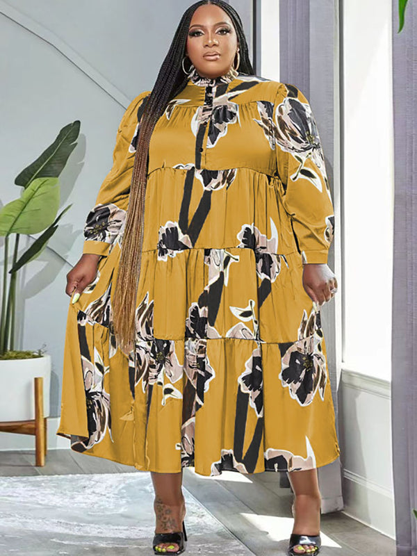 Plus Size Long Sleeves Floral Print Maxi Dresses