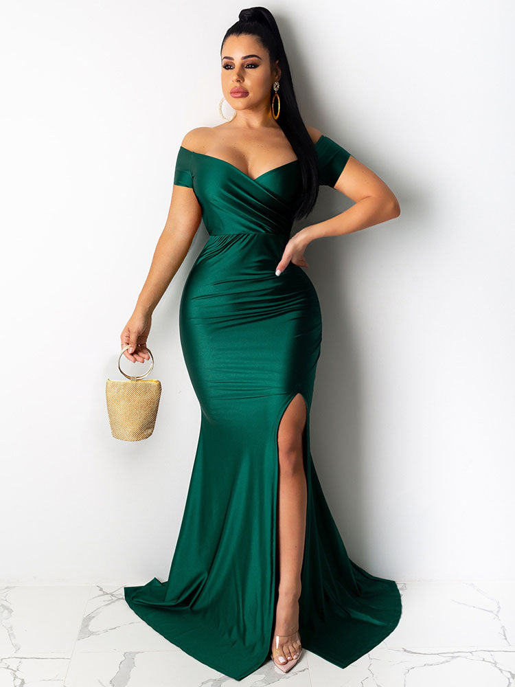 V Neck Wrap Ruched Split Maxi Dress