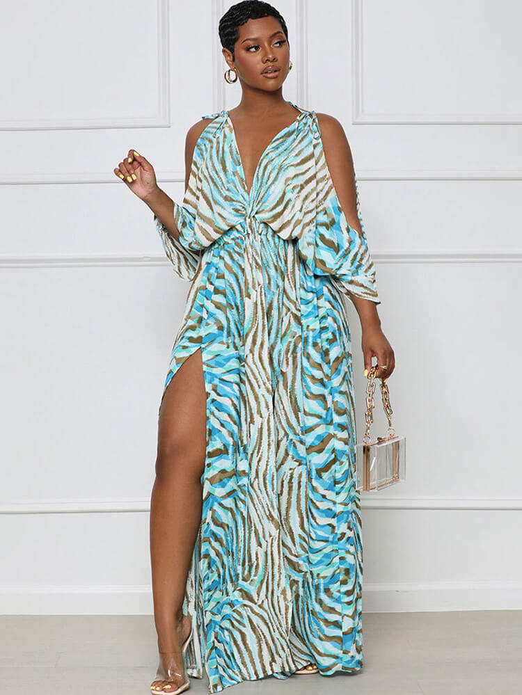 Long Sleeve Zebra Printed Off Shoulder V Neck Maxi Dresses | Dresses ...