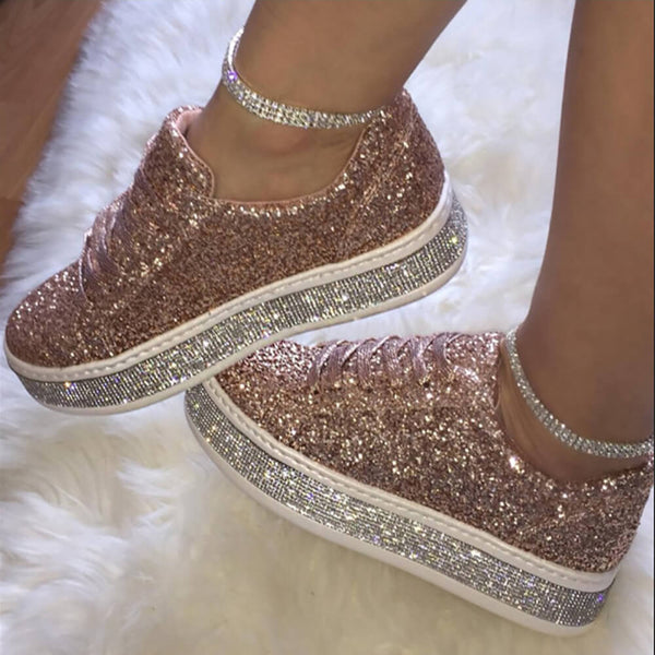 Glitter Sparkly Lace Up Flat Sneakers