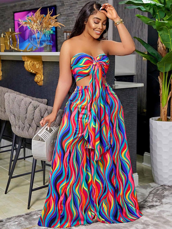 Two Piece Colorful Tube Top & Wide Leg Pants