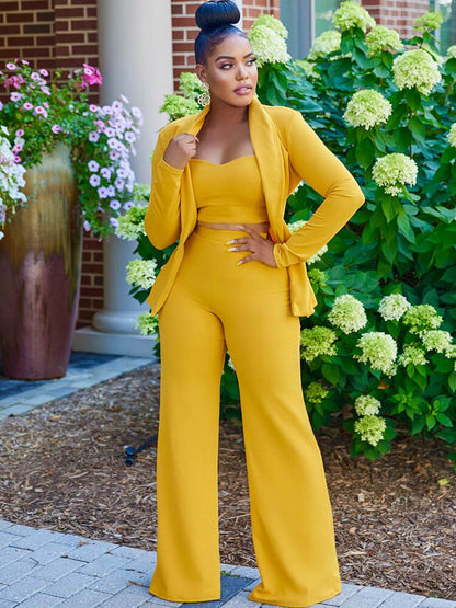 Three Piece Long Sleeve Solid Color Pants Suit