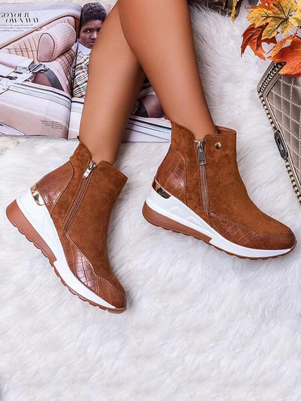 PU Patchwork Side Zipper Ankle Booties