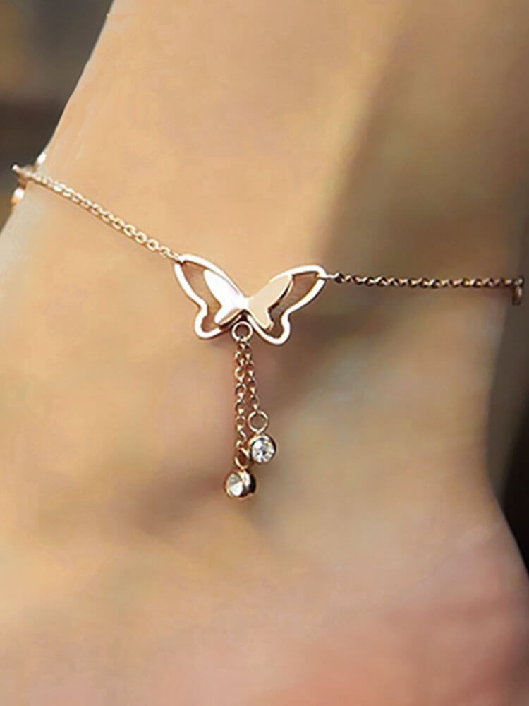 Tobilleras con diamantes de imitación y borlas de mariposa dulce