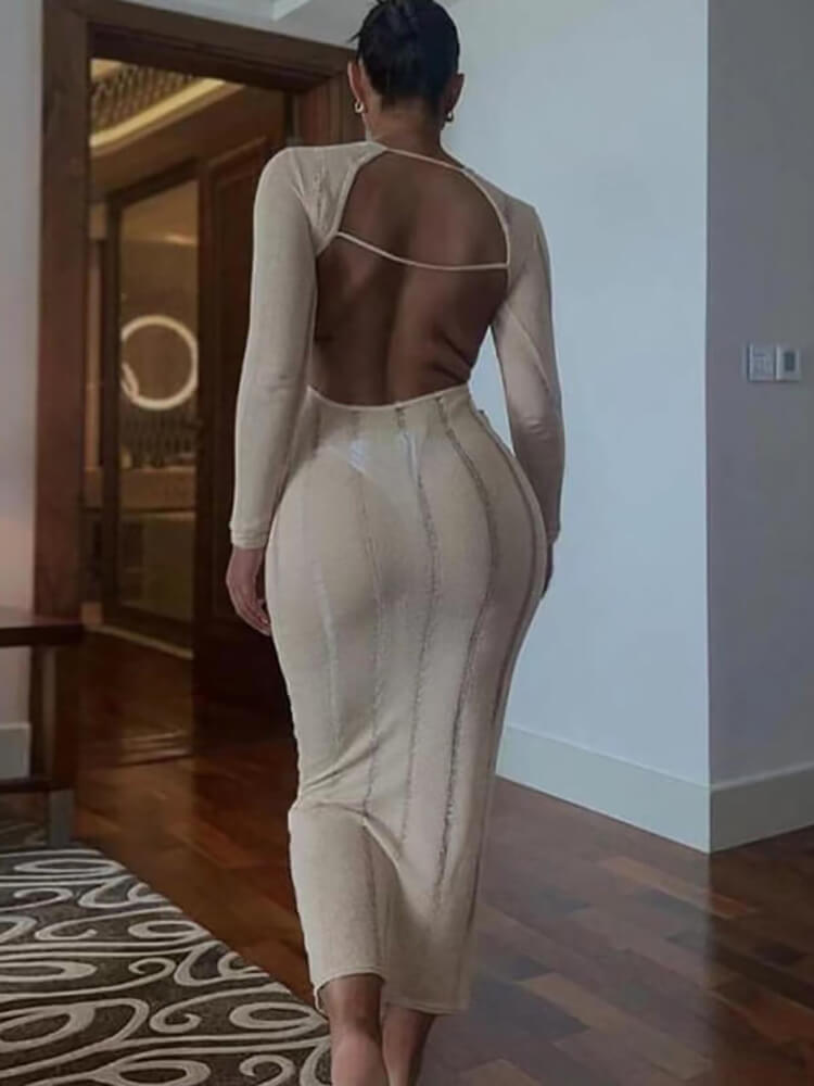 Long Sleeve Tassel Backless Maxi Dress