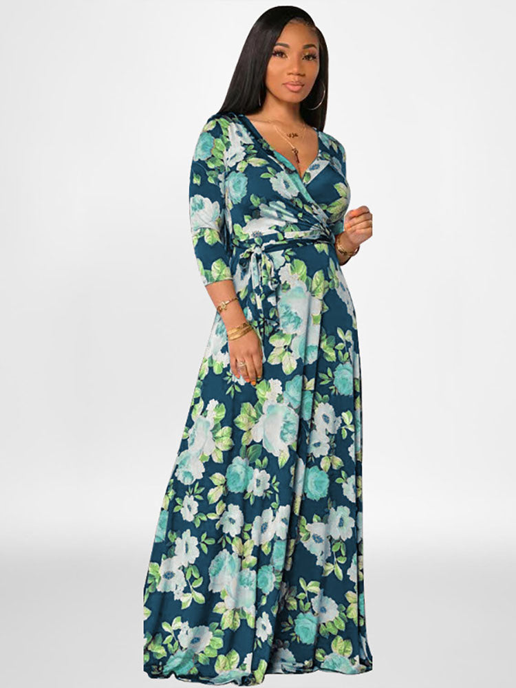 Plus Size Long Sleeves Floral Print Maxi Dress