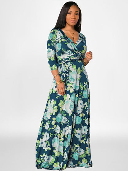 Plus Size Long Sleeves Floral Print Maxi Dress