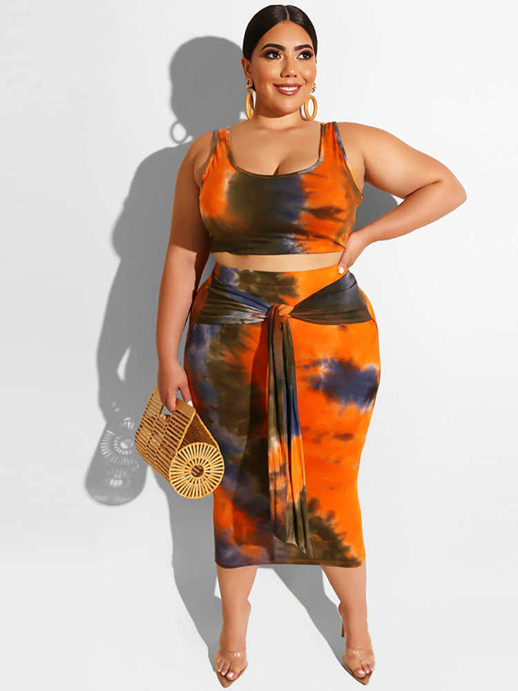 Plus Size Two Piece Tank Top Midi Skirt Set