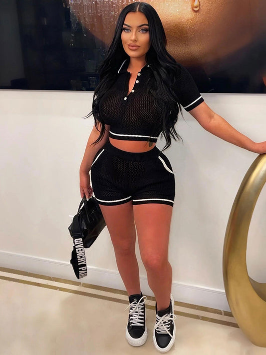 Two Piece Hollow Out Crop Top Shorts